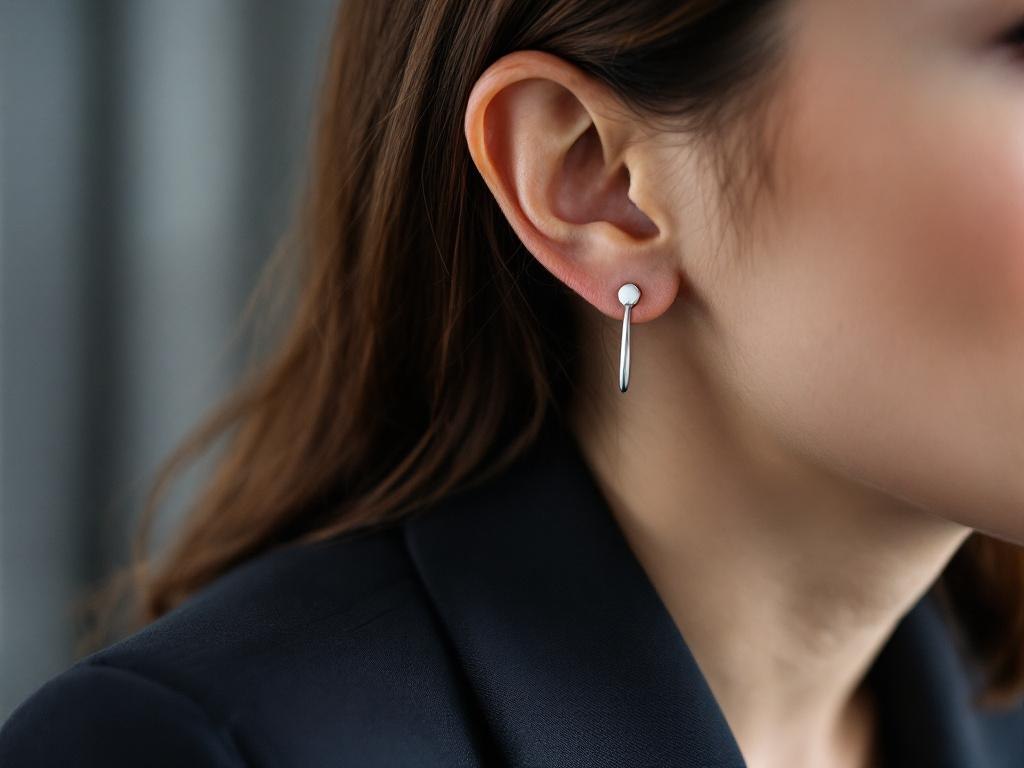 kobieta w stylizacji biurowej nosząca srebrne kolczyki